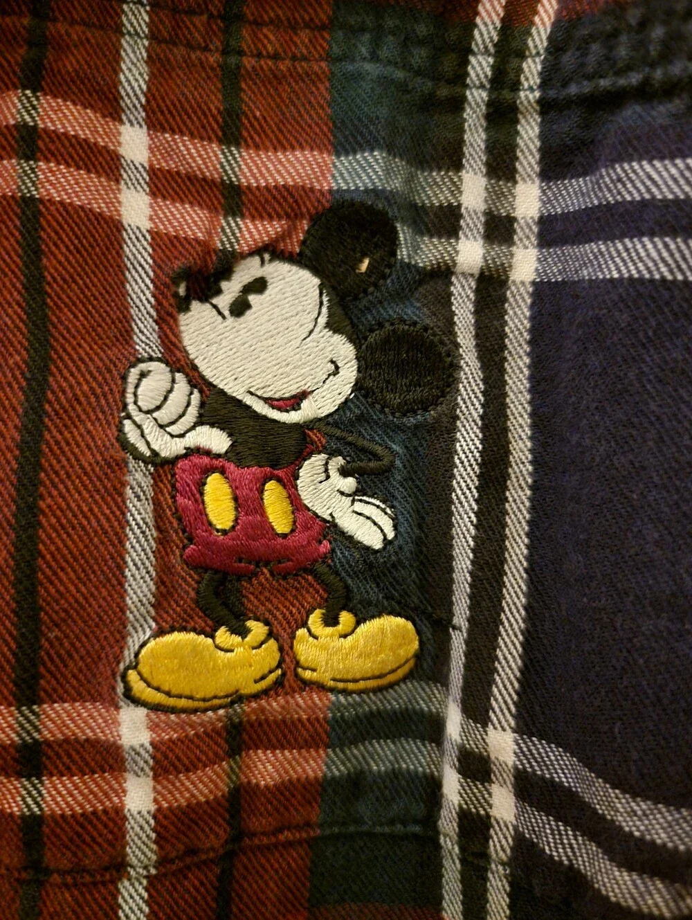 Disney Store Mens Red Plaid Flannel With Embroidered Mickey Mouse Left Chest